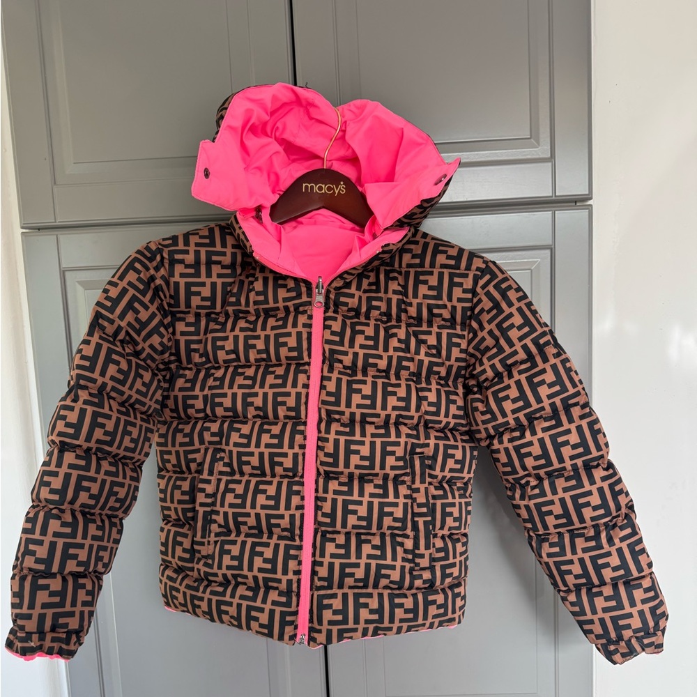 Fendi Kid’s Brown and Pink Logo Puffer Jacket